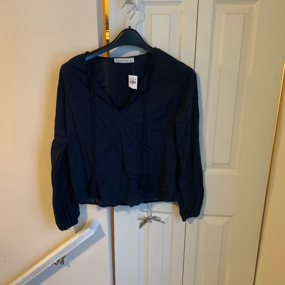 A&F Navy boho top with tassels and Eyelet detail